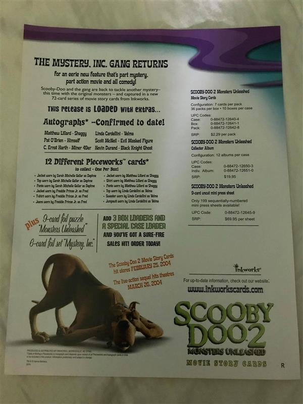 SCOOBY DOO THE MOVIE 2 TRADING CARDS SELL SHEET 